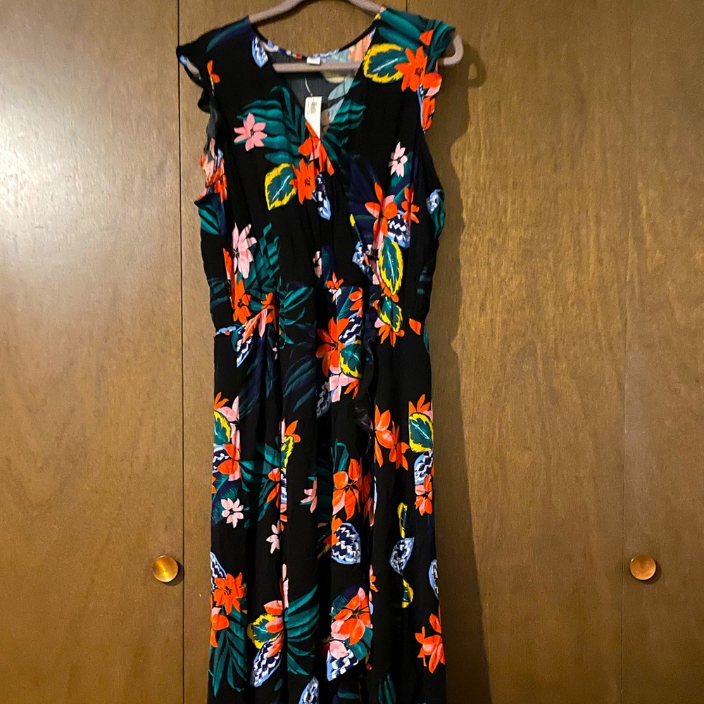 Old Navy Black Maxi Dress with Orange, Green & Pink Floral Print